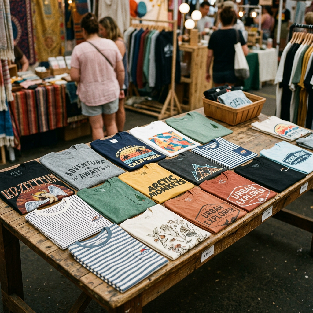 Different style T-shirts on table