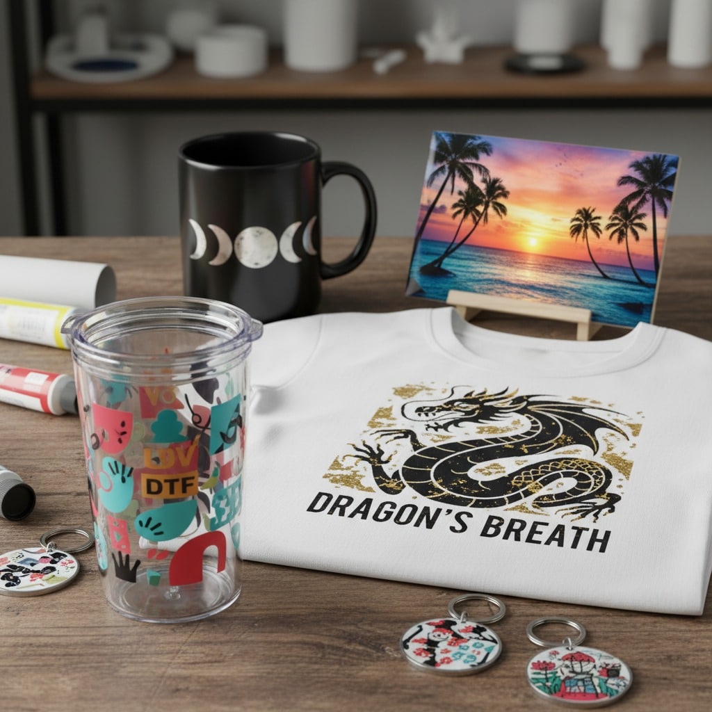 A wooden desk displays a collection of custom merchandise, including a white t-shirt with a dragon graphic, a black coffee mug with moon phases, a patterned tumbler, keychains, and a small framed sunset painting.