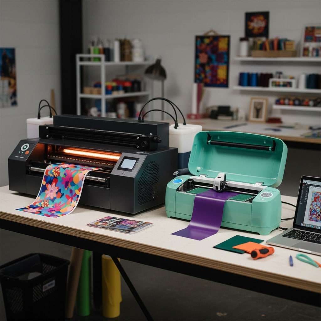 A large dark printer on the left outputs a colorful floral sheet, while a teal cutting machine on the right cuts a purple sheet next to a laptop.