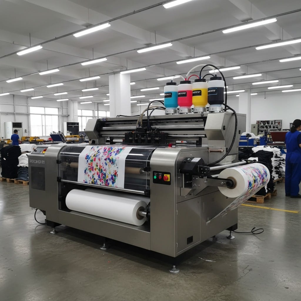 A large industrial direct-to-garment printer with four ink tanks and rolls of fabric operates inside a brightly lit textile factory.