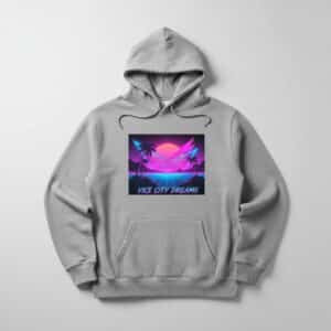 A gray hooded sweatshirt features a retro-style graphic with a neon sun, palm trees, and the text "VICE CITY DREAMS."
