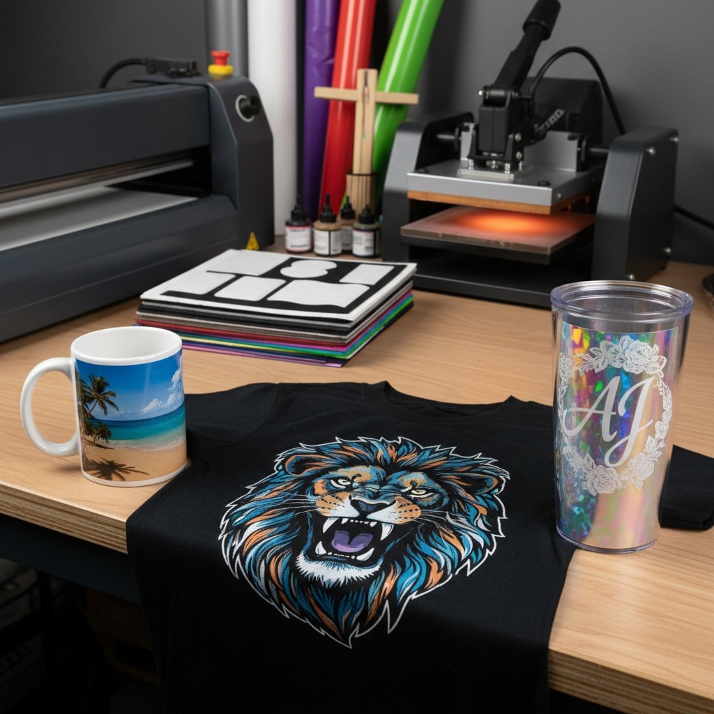 A wooden craft table holds a heat press, a vinyl cutter, and finished items including a printed t-shirt, a mug, and a tumbler.